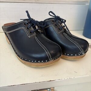 Vintage BASTAD Original Women's 35 Clog LEATHER Navy Blue LACE-UP WOODEN SWEDISH